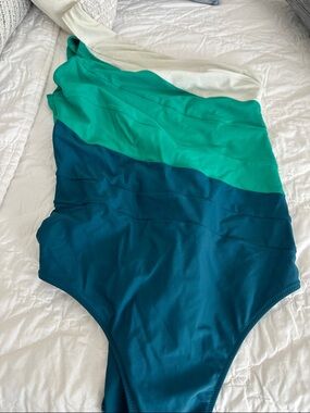 summersalt Colorblock One-Shoulder Swimsuit in Teal, Emerald & Blue